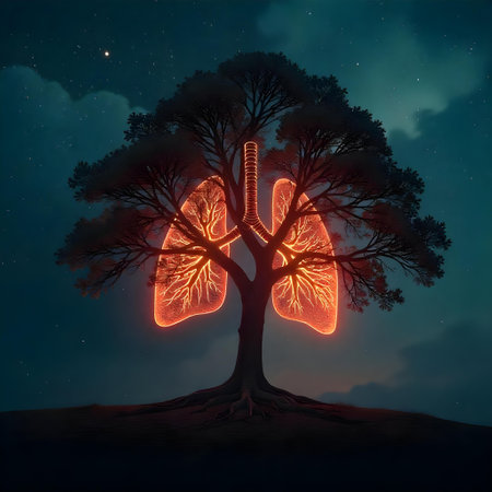 Lungs glowing in the night sky. 3D rendering.の素材