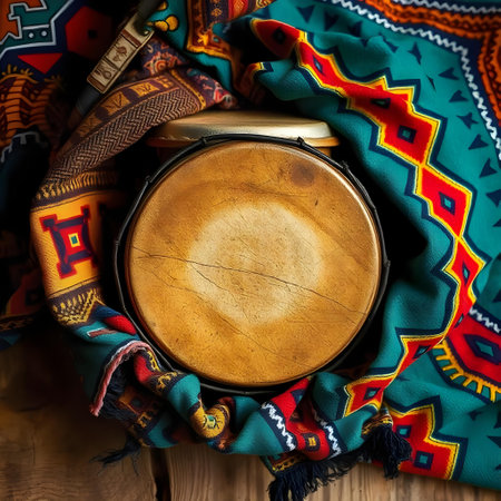 Traditional mexican wooden drum with colorful blanket on wooden background.の素材