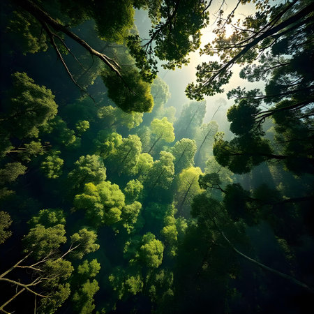 Aerial view of misty forest at sunrise. Beautiful summer landscapeの素材