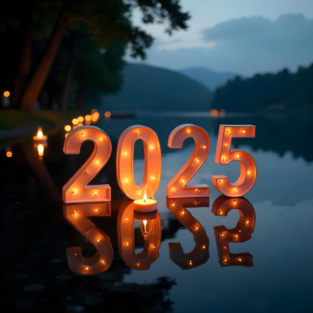Happy New Year 2025 written with candle light on the lake background.の素材