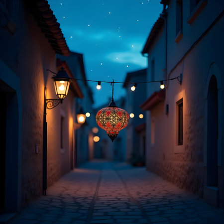 Lanterns on the streets of the old town at nightの素材
