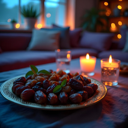 Dates on a plate and a burning candle in the background.の素材