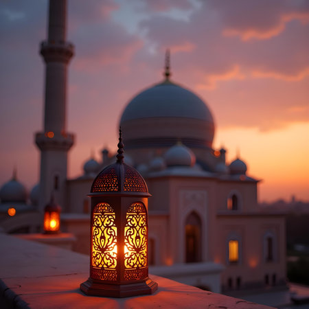 Lantern in front of the mosque at sunset. Ramadan Kareem backgroundの素材