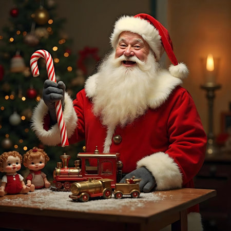 Portrait of Santa Claus with toy train and Christmas tree at homeの素材