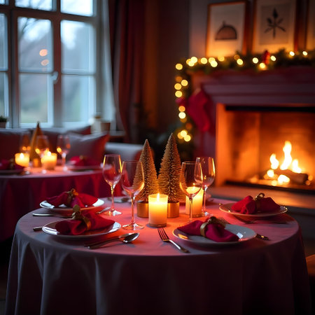 Table set for Christmas dinner in cozy home interior with Christmas tree, candles and lightsの素材