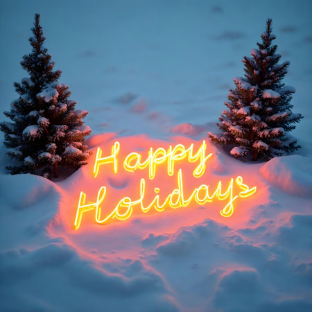 Happy Holidays greeting card with glowing lettering in winter forest.の素材