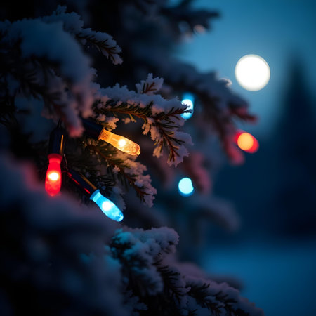 Christmas lights on a snowy fir tree in the winter forest at nightの素材
