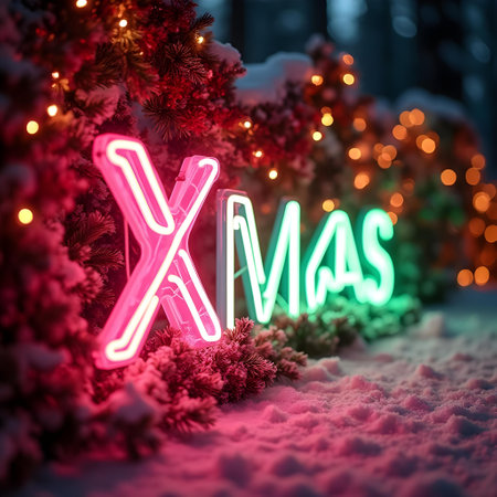 Xmas neon sign in winter forest with snow and bokeh lightsの素材