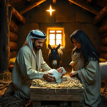 Nativity Scene with Mary, Joseph and baby Jesus in the barnの素材