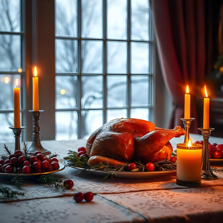 Roasted turkey or chicken on a Christmas table with burning candles.の素材