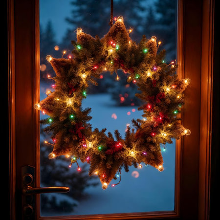 Christmas wreath on the window with a view of the winter forestの素材