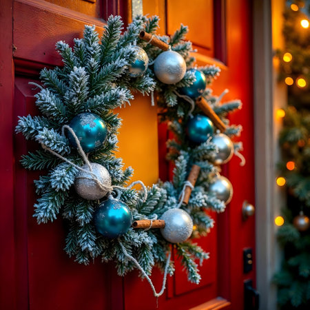 Christmas wreath on the door of a house decorated for Christmas.の素材