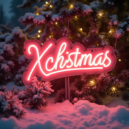 Neon Christmas sign on the background of a snowy fir forest.の素材