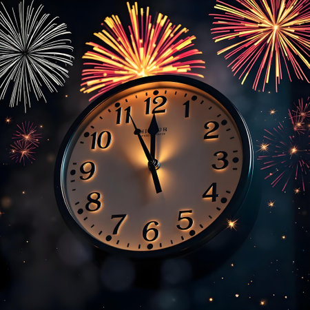 Clock and fireworks on dark background. New Year and Christmas concept.の素材