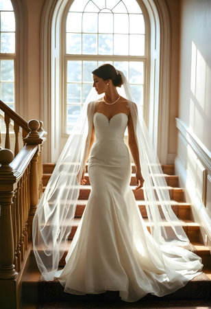 Beautiful bride in white wedding dress posing on the stairs in her roomの素材