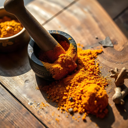 Turmeric powder in a mortar and pestle on a wooden tableの素材