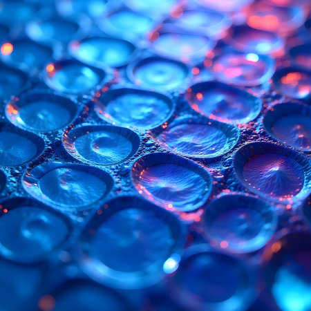 Macro of water drops in blue light. Abstract background and texture.の素材