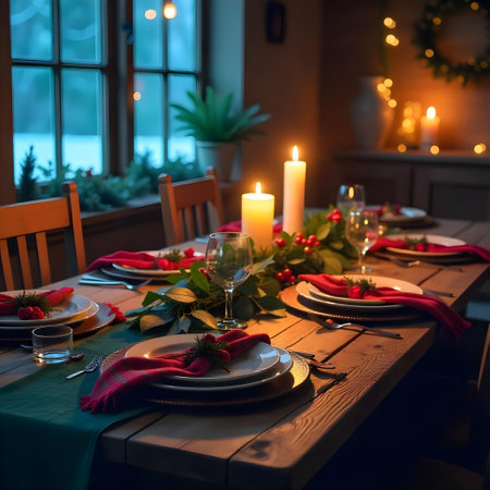 Christmas table setting with candles and poinsettia on wooden tableの素材