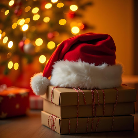 Santa Claus hat on stack of gift boxes on background of Christmas treeの素材