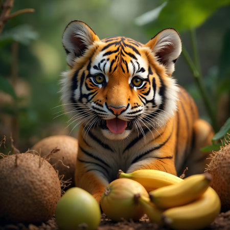 Siberian Tiger with fruits in the forest. (Panthera tigris altaica)の素材