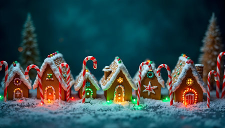 Gingerbread houses in the snow. Christmas and New Year background.の素材