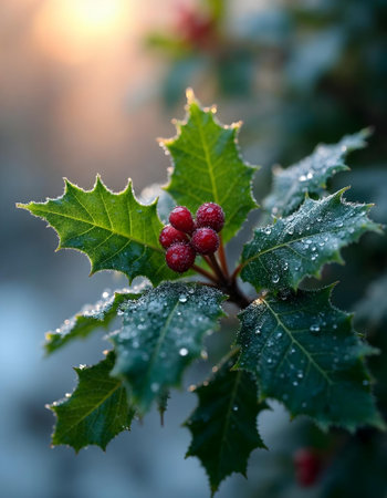 Holly berry with dew drops on the leaves of a treeの素材