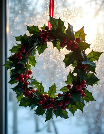 Christmas wreath with red berries and green leaves on a window sillの素材