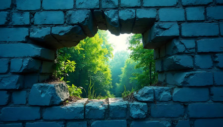 The hole in the old brick wall in the middle of the forestの素材