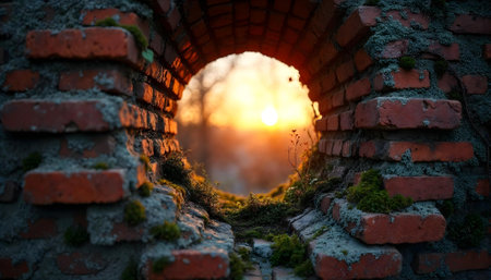 Old brick wall with moss and sun at sunset. Shallow depth of fieldの素材
