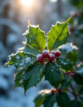 Holly berry covered with hoarfrost in the sunlight.の素材