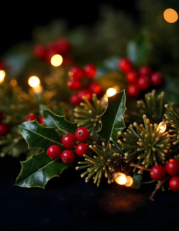 Christmas decoration with holly berry and candle lights on black backgroundの素材