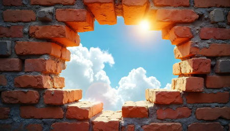 Brick wall with blue sky and sun in the middle. 3d renderingの素材