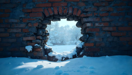 Abandoned brick wall with a window. Winter landscape. Russiaの素材