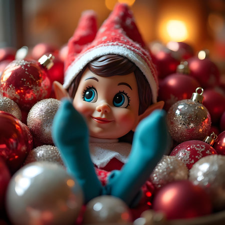 Cute little girl doll with christmas ornaments background.の素材
