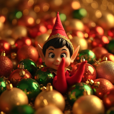 Christmas decoration with toy Santa Claus on bokeh lights background.の素材