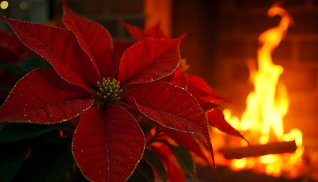 Poinsettia in front of a fireplace with a burning fireの素材