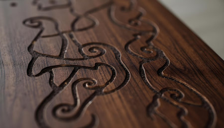 Close up of a wooden table with carved patterns. Selective focus.の写真素材