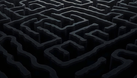 Black maze, 3d rendering illustration. Computer digital drawing. Dark labyrinth background.の写真素材