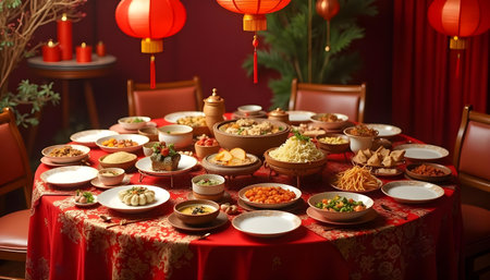 Traditional Chinese New Year dinner table with different dishes and appetizers.の素材