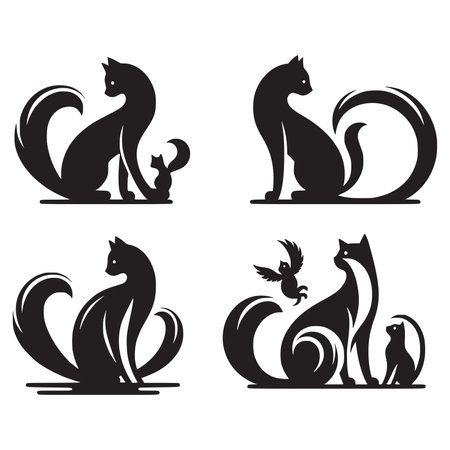 Set of black cats silhouettes isolated on white background. Vector illustration.のイラスト素材