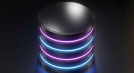 3d render of server hardware with neon lights on black background.の素材