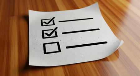 Checklist on paper sheet with wooden background. 3D rendering.の素材