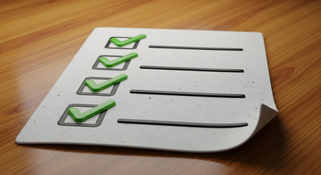 Checklist with green tick mark on wooden background. 3d renderの素材