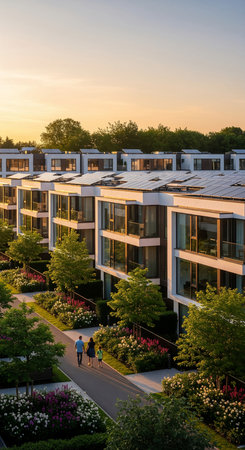 Sunset at a modern residential area in the city of Berlin, Germany