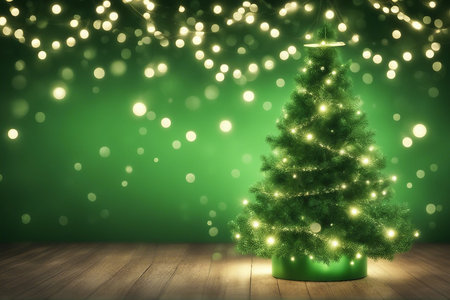 Christmas tree on a green background with bokeh lights and wooden floorの素材