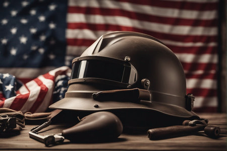 American military helmet on the background of the American flag. Selective focus.の写真素材