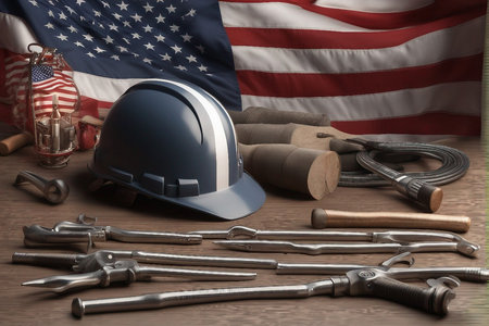 Hardhat and construction tools on a wooden table with the American flagの写真素材