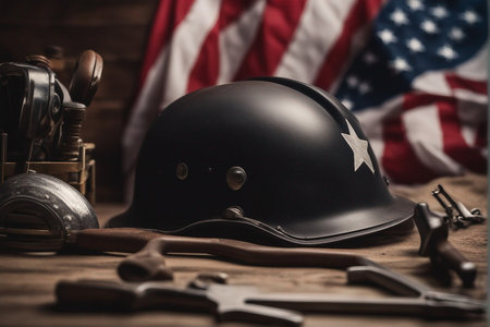 American military helmet and tools on wooden background. Selective focus.の写真素材