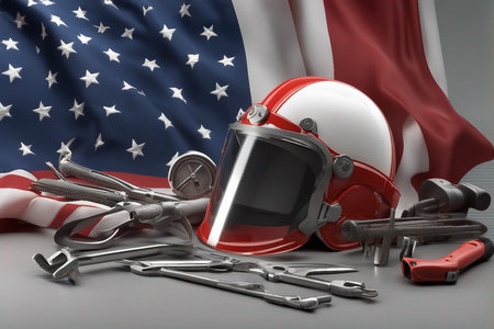 Helmet and other construction tools on USA flag background. 3d illustrationの写真素材