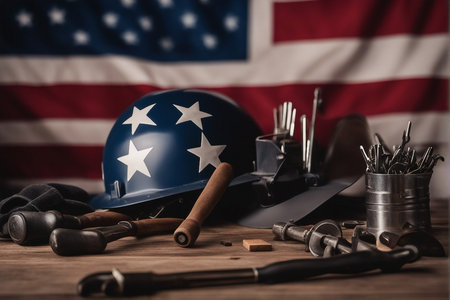 Hard hat and construction tools on a wooden table. American flag in the background.の写真素材